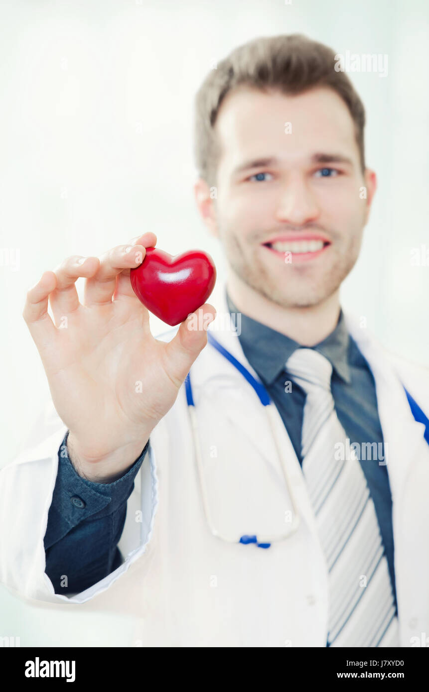 Arzt hält eine herzförmige Modell in der Hand. Arzt Herz hält medizinischen Hintergrund weiße männliche Gesundheitskonzept Stockfoto