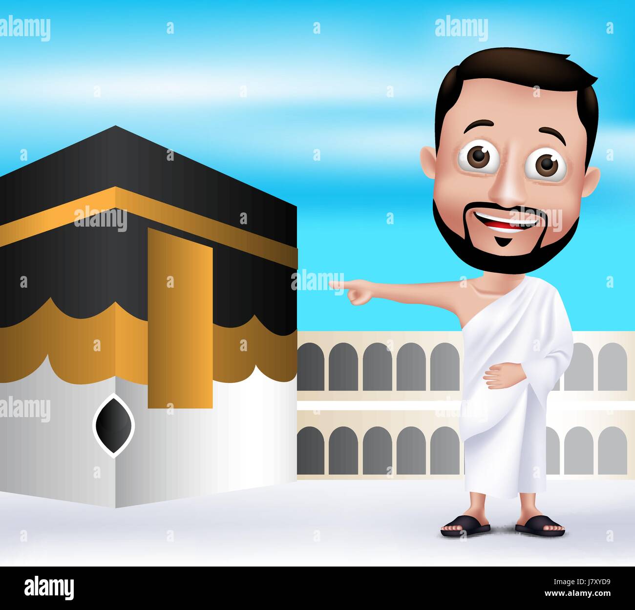 Vektor muslimischen Mann Charakter tragen Ihram Kleidung durchführen Hajj oder Umra mit Kaaba in Mekka Hintergrund. Bearbeitbares Vektor-Illustration Stock Vektor