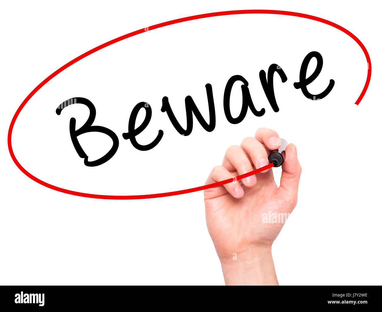 Hand des Mannes Beware mit Marker auf transparente wischen Board schreiben. Isoliert auf weiss. Business, Internet, Technologie-Konzept. Stock Foto Stockfoto