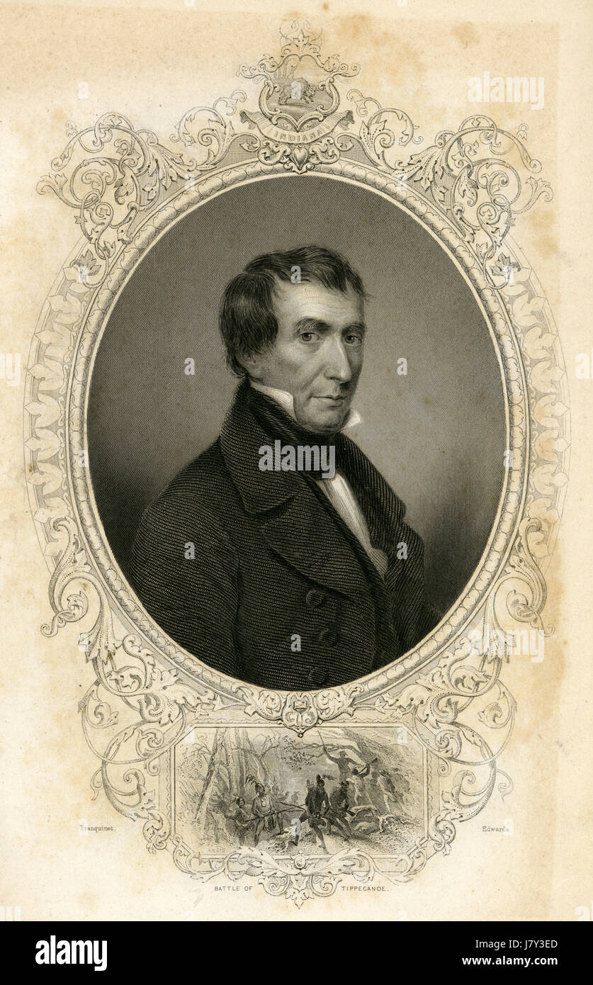 Antike c1860 Gravur, Harrison. William Henry Harrison Sr. (1773-1841) war der neunte Präsident der USA (1841), ein amerikanischer Offizier und der letzte Präsident, geboren als britischer Staatsbürger. QUELLE: ORIGINAL GRAVUR. Stockfoto