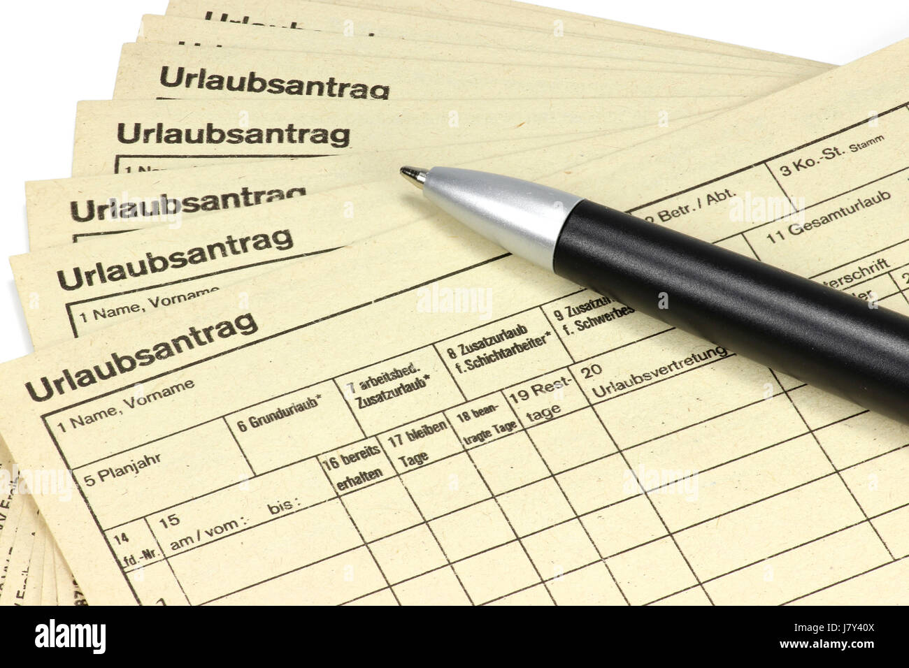 Deutsche Urlaub Anforderungsformulare isoliert auf weißem Hintergrund Stockfoto
