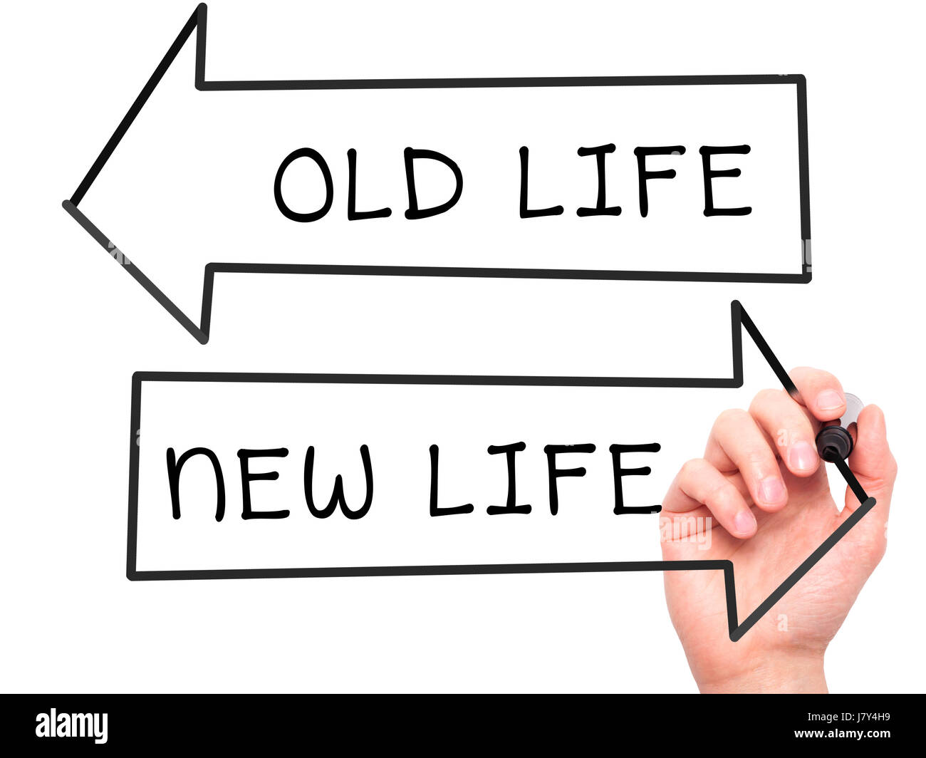 Hand des Mannes altes oder neues Leben am Bildschirm zu schreiben. Geschäft, Hilfe, Internet, Technologie-Konzept. Isoliert auf weiss. Stock Foto Stockfoto