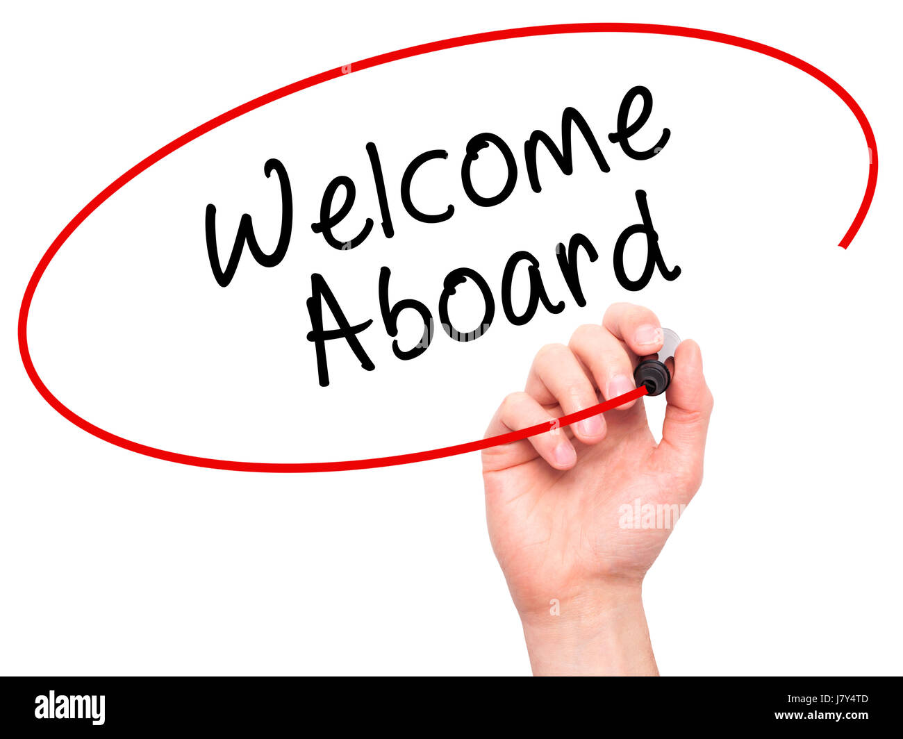 Hand des Mannes Welcome Aboard auf Bildschirm zu schreiben. Geschäft, Hilfe, Internet, Technologie-Konzept. Isoliert auf weiss. Stock Foto Stockfoto