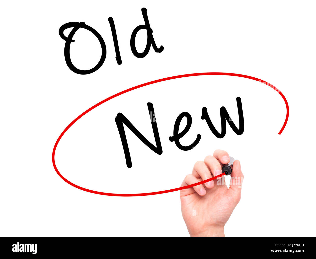 Hand des Menschen schreiben und wählen Sie New statt alten mit schwarzen Balken am Bildschirm. Isoliert auf weiss. Wirtschaft, Technologie, Internet-Konzept. Lager Stockfoto