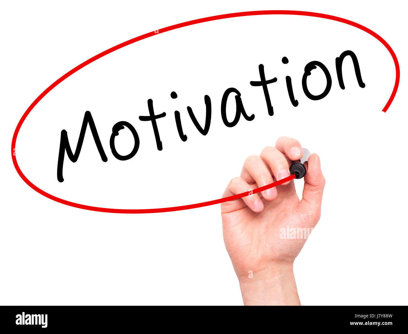 Hand des Mannes Motivation mit Marker auf transparente wischen Board schreiben. Isoliert auf Büro. Business, Internet, Technologie-Konzept.  Stock Foto Stockfoto