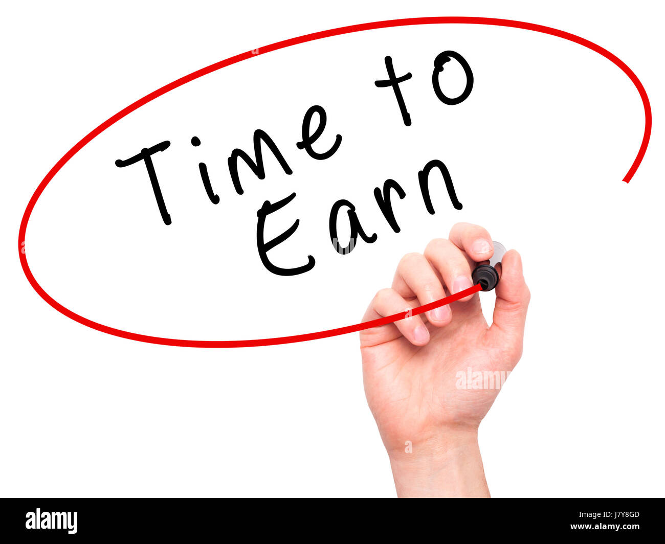 Hand des Mannes Zeit verdienen mit Marker auf transparente wischen Board schreiben. Isoliert auf weiss. Business, Internet, Technologie-Konzept.  Stock Foto Stockfoto