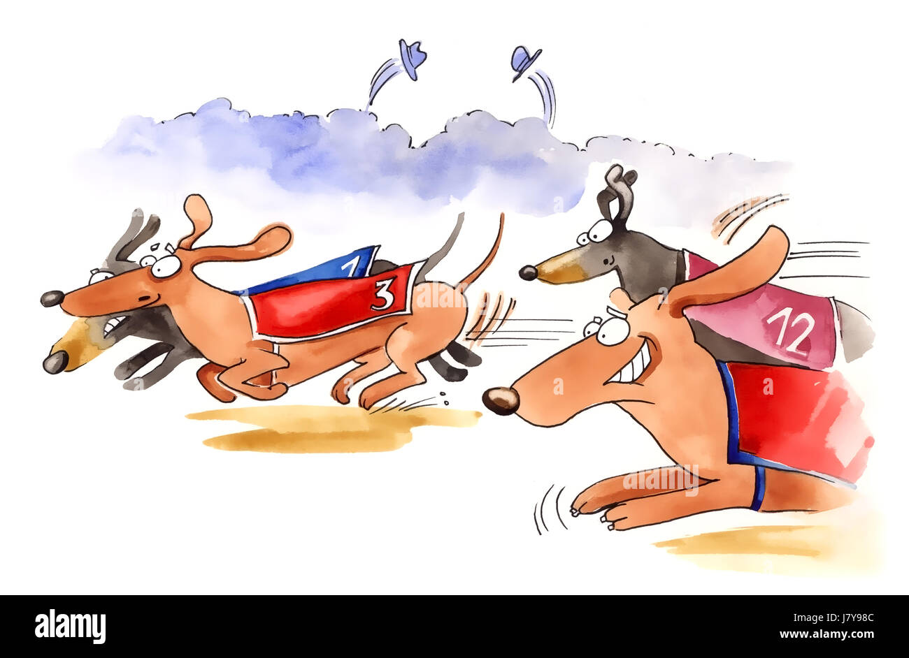 Comic-Haustier Malerei Illustration Dackel reinrassige Veranstaltung Wettbewerb Hunderennen Stockfoto