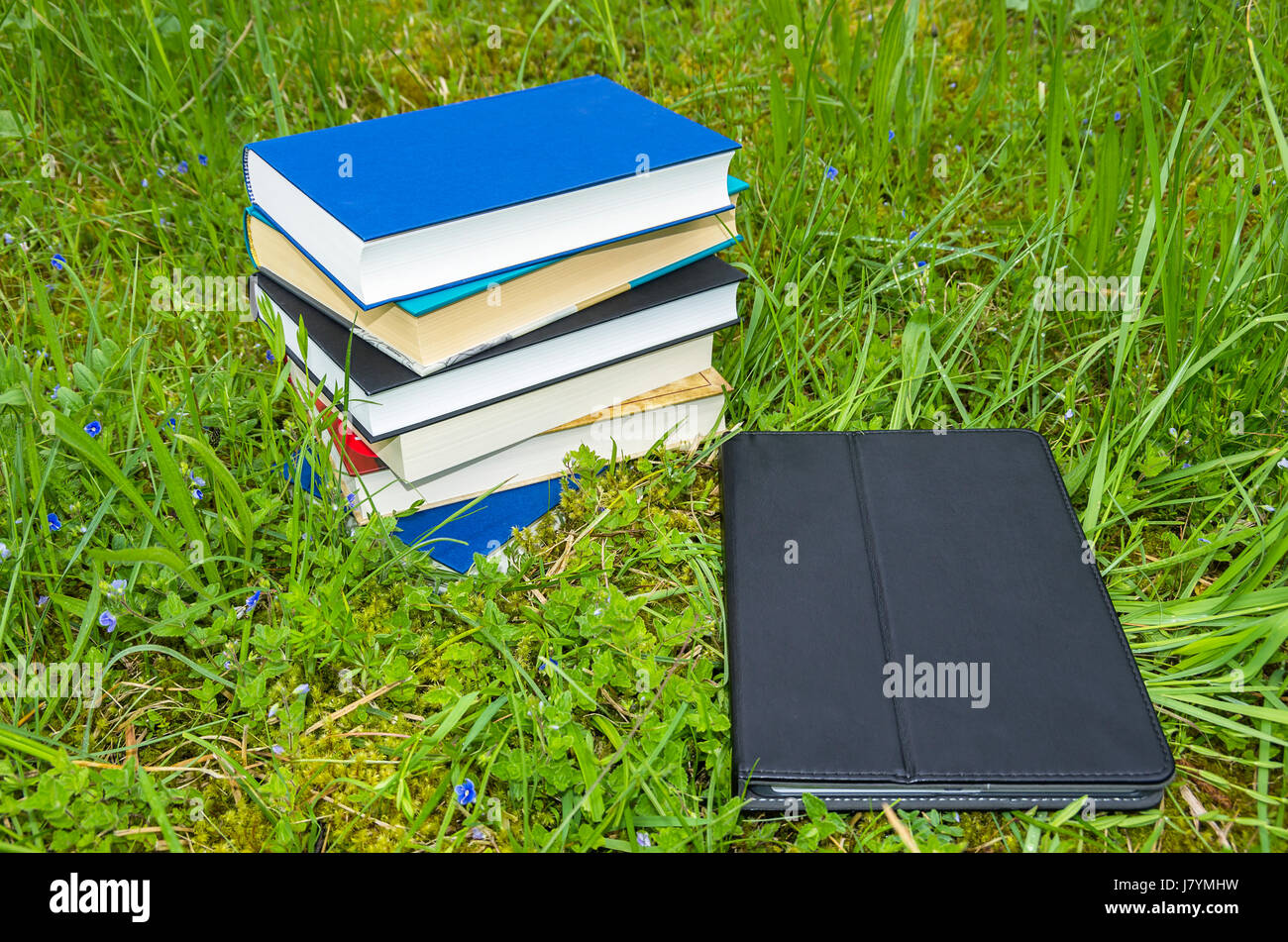 Haufen von verschiedenen Büchern plus Tablette in dem frischen grünen Rasen. Stockfoto
