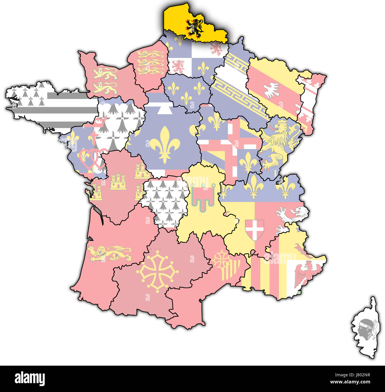 Frankreich Flagge Region Atlas Karte der Welt politischer Couleur Europa Wand Stockfoto