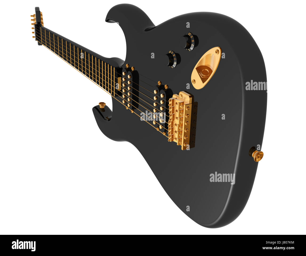 Musik isoliert musikalische schwarze dunkelhäutige kohlschwarze tiefschwarze Elektrogitarre Stockfoto