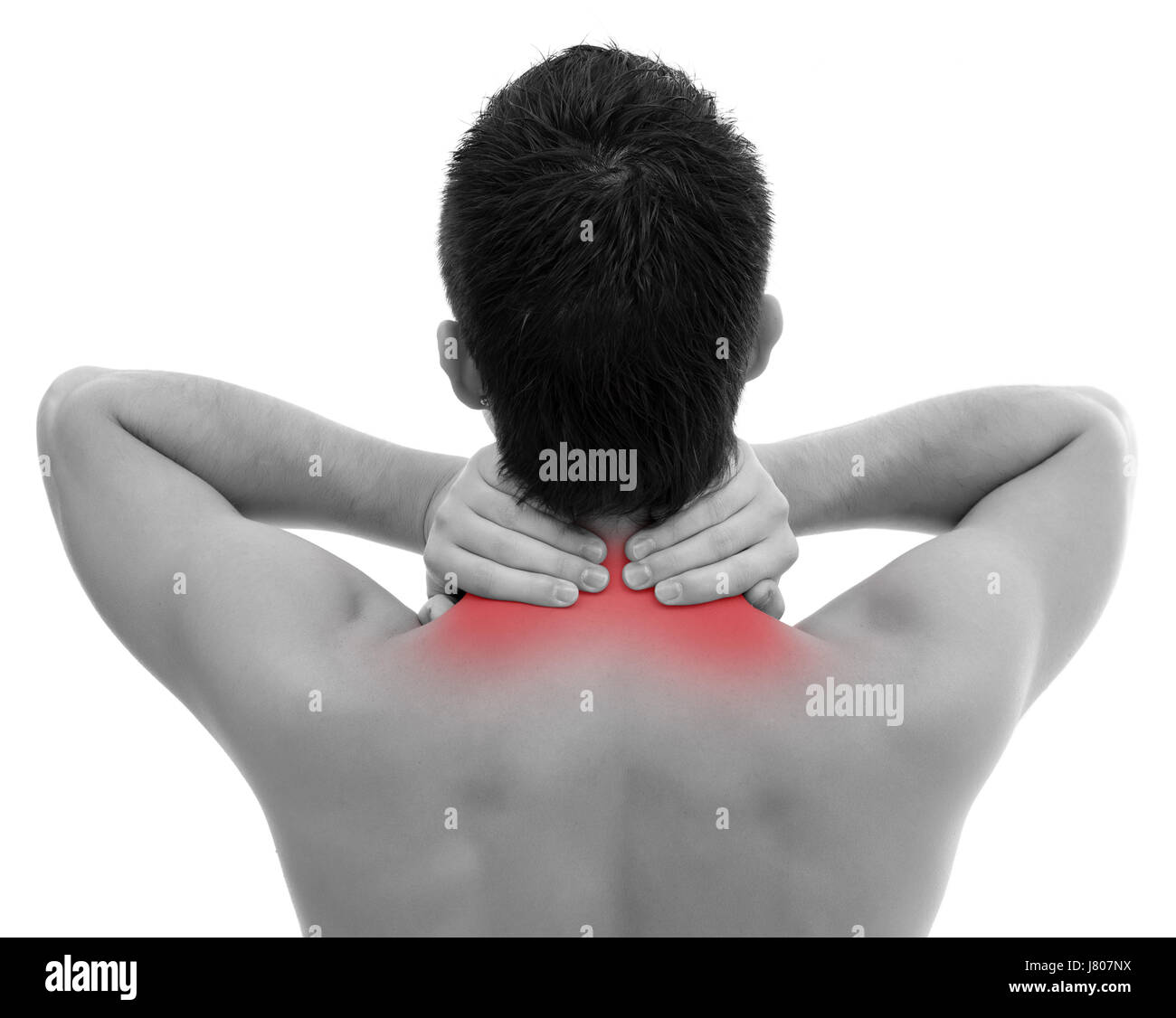 Schmerzen halten sich zurück Schmerz Massage Nacken Therapie Stress Hand Gesundheit isoliert Stockfoto