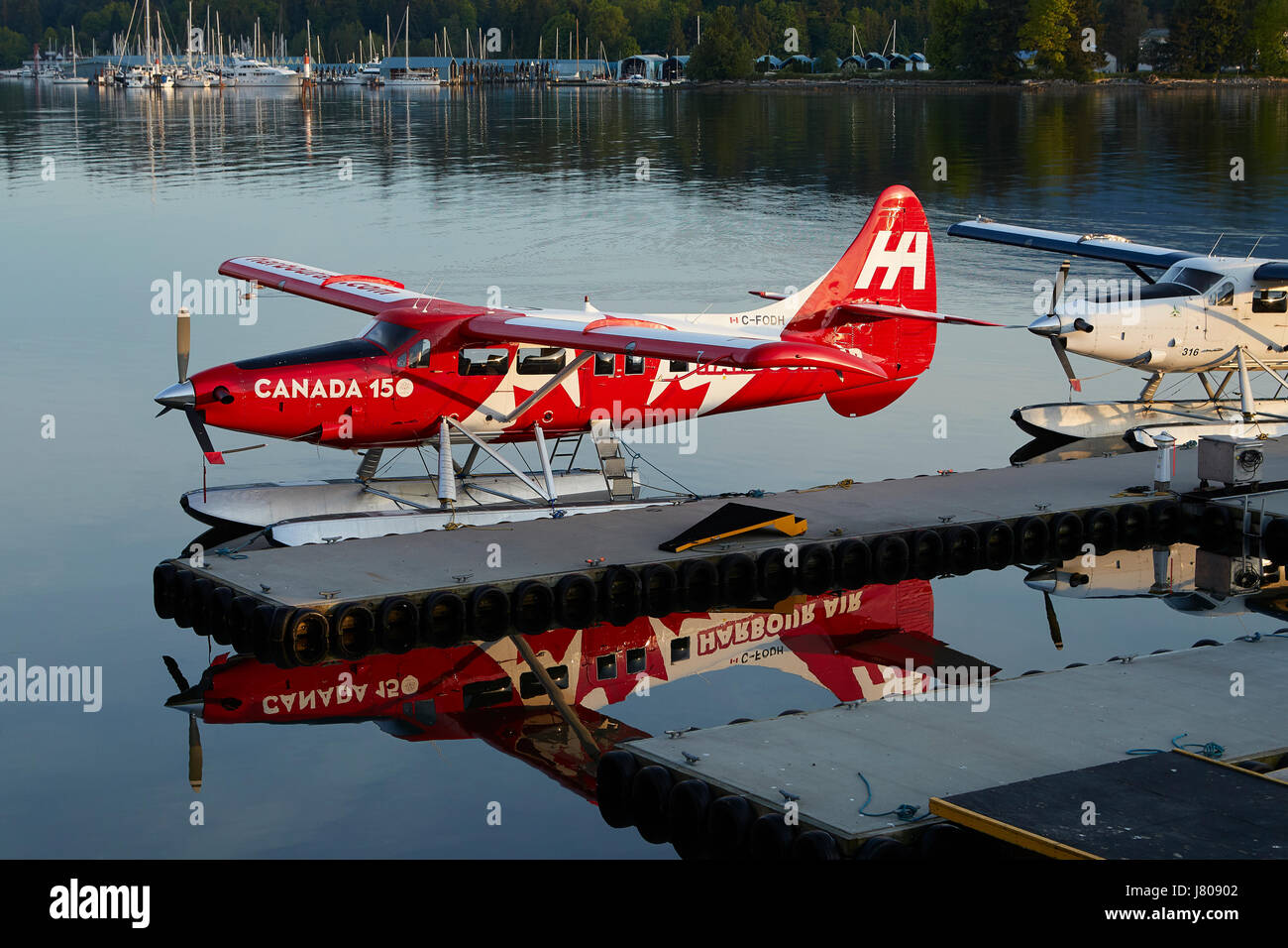 Harbour Air Wasserflugzeuge de Havilland Canada DHC-3-T Turbo Otter Wasserflugzeug C-FODH vertäut am Vancouver Harbour Flight Center. Stockfoto