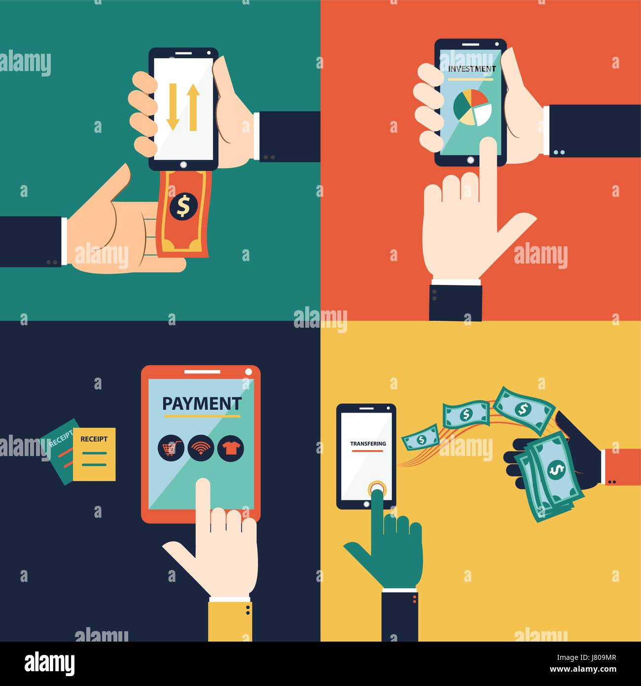 Flache Design Vektor-Konzept des mobile-Banking oder online-Banking. Dieses Set besteht aus abheben, Geld, Geld einzahlen, Übertragung von Geld und Zahlung Stock Vektor