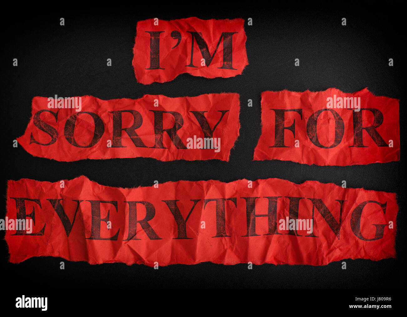 Hin-und hergerissen zerknülltes Stück Papier mit dem Satz Sorry für alles. Konzept-Bild. Stockfoto