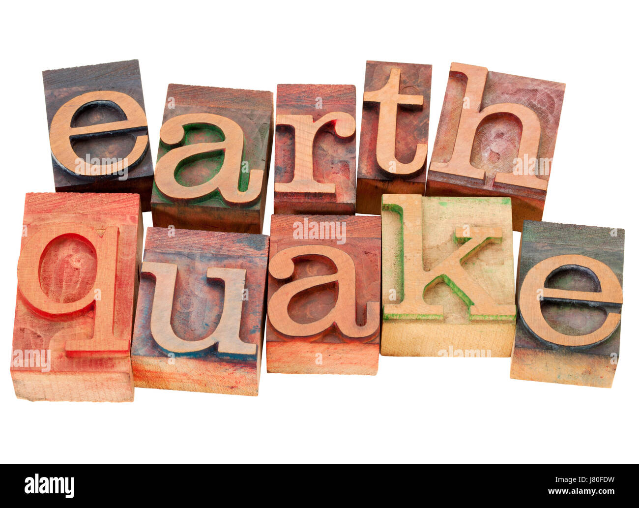Wort Buchdruck Katastrophe Erdbeben seismische Typ Modellerstellung isolierte Holz Stockfoto