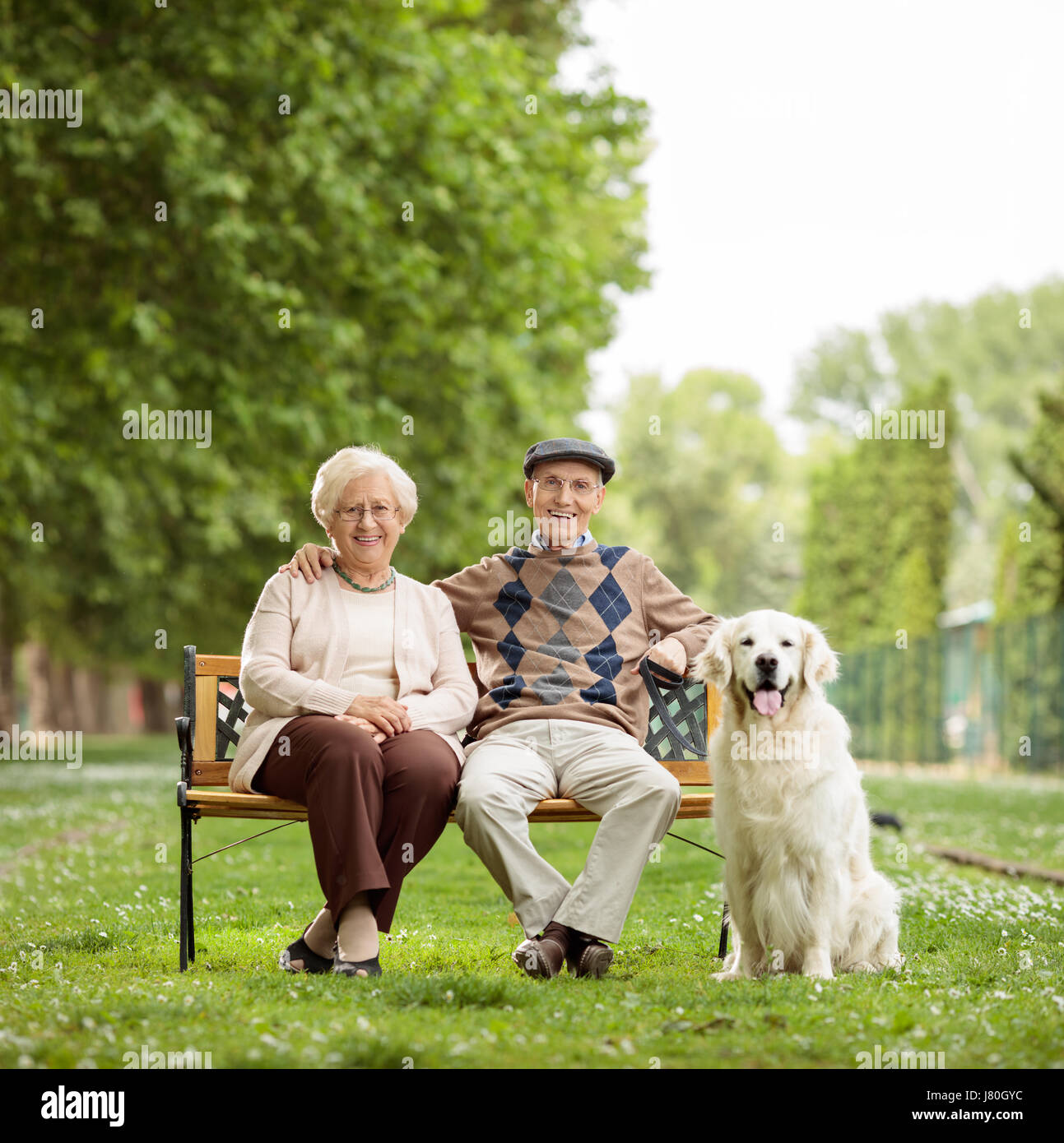 Glückliche ältere Ehepaar mit einem Hund sitzen auf einer Bank im park Stockfoto