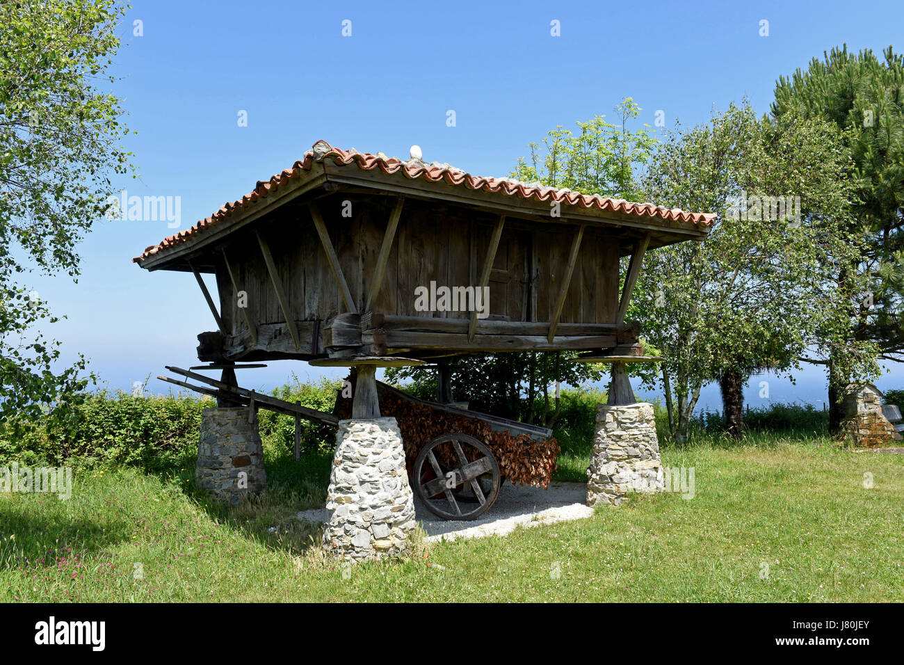 Horreo traditionelle Asturien Getreidespeicher auf Klippen mit Blick auf den Atlantik in Cadavedo, Asturien, Spanien. Spanische Küste nordspanien landwirtschaftlicher Betrieb Stockfoto