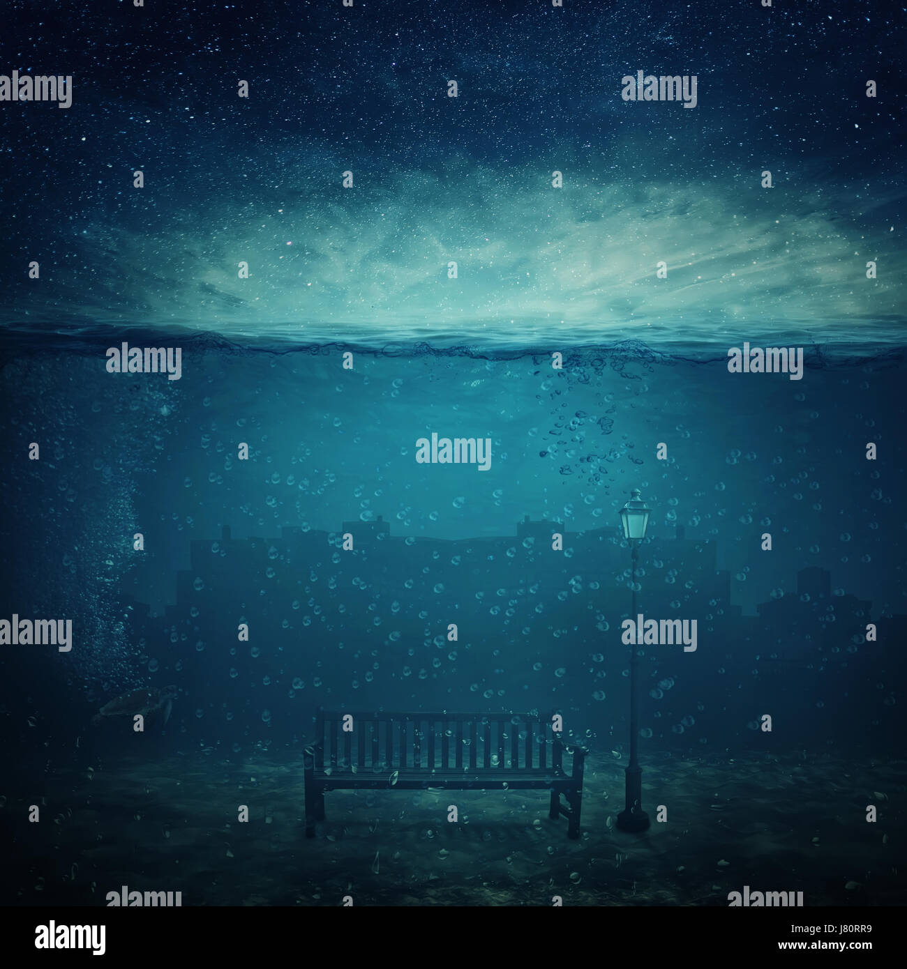 Unterwasser-Fantasy-Welt. Moderne Ruinen unter dem Meer und einer Holzbank mit einer Straßenlaterne ertrunken. Abenteuer und Reise-Konzept des marinen Lebens. Stockfoto