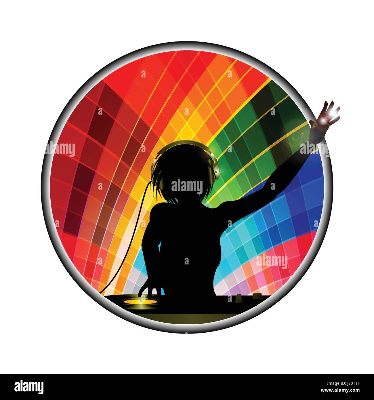 Weibliche DJ-Silhouette mit Rekord-Deck und Kopfhörer über mehrfarbige metallische Grenze auf weiß Stock Vektor