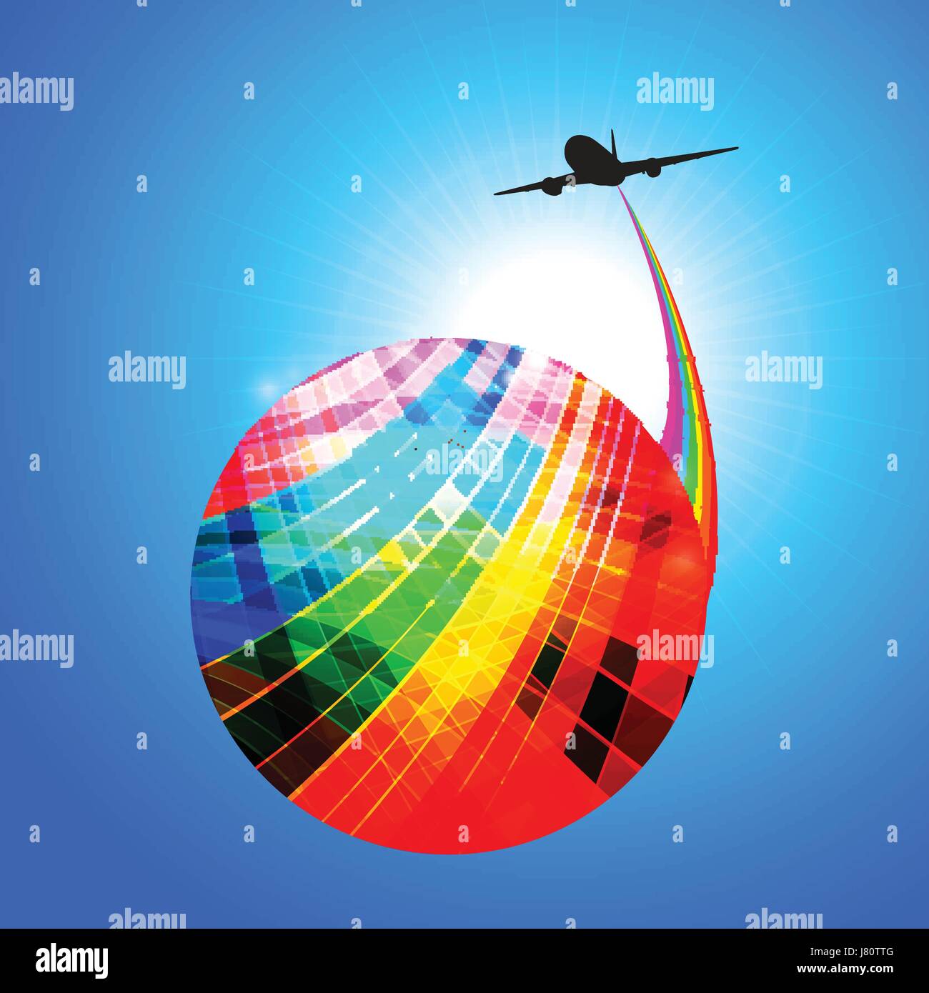 Bunte gestreifte abstrakter Globus mit Regenbogen und Flugzeug Silhouette über sonnigen blauen Himmel Stock Vektor