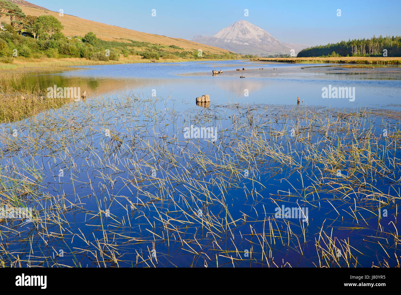 Irland, County Donegal, Clady River mit Mount Errigal in der Ferne. Stockfoto
