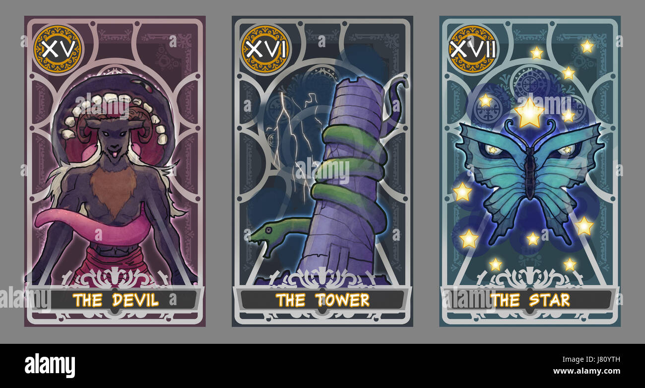 Tarot-Karten-Darstellung-Set.  Anzug des Teufels, Anzug des Turms und Anzug des Sterns mit Beschneidungspfad. Stockfoto