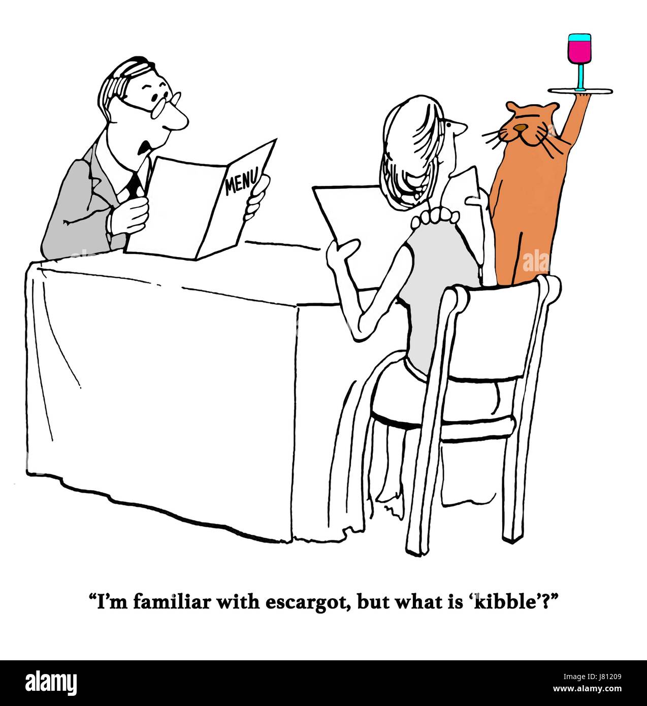 Cartoon über ein neues Menüelement in das Restaurant namens "kibble". Stockfoto