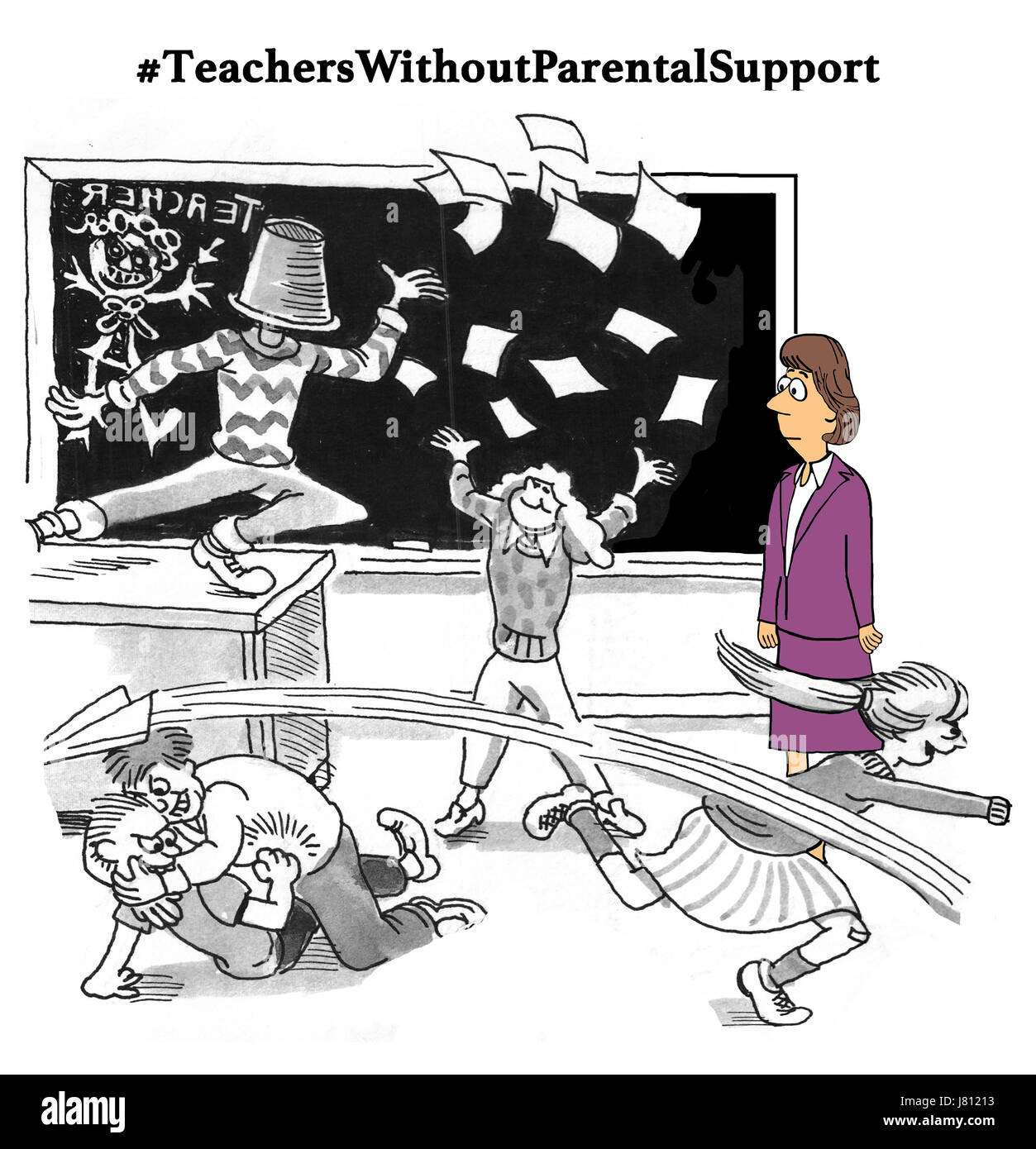 Bildung Cartoon Illustration über Eltern nicht genügend Unterstützung für Lehrer bereitstellen. Stockfoto