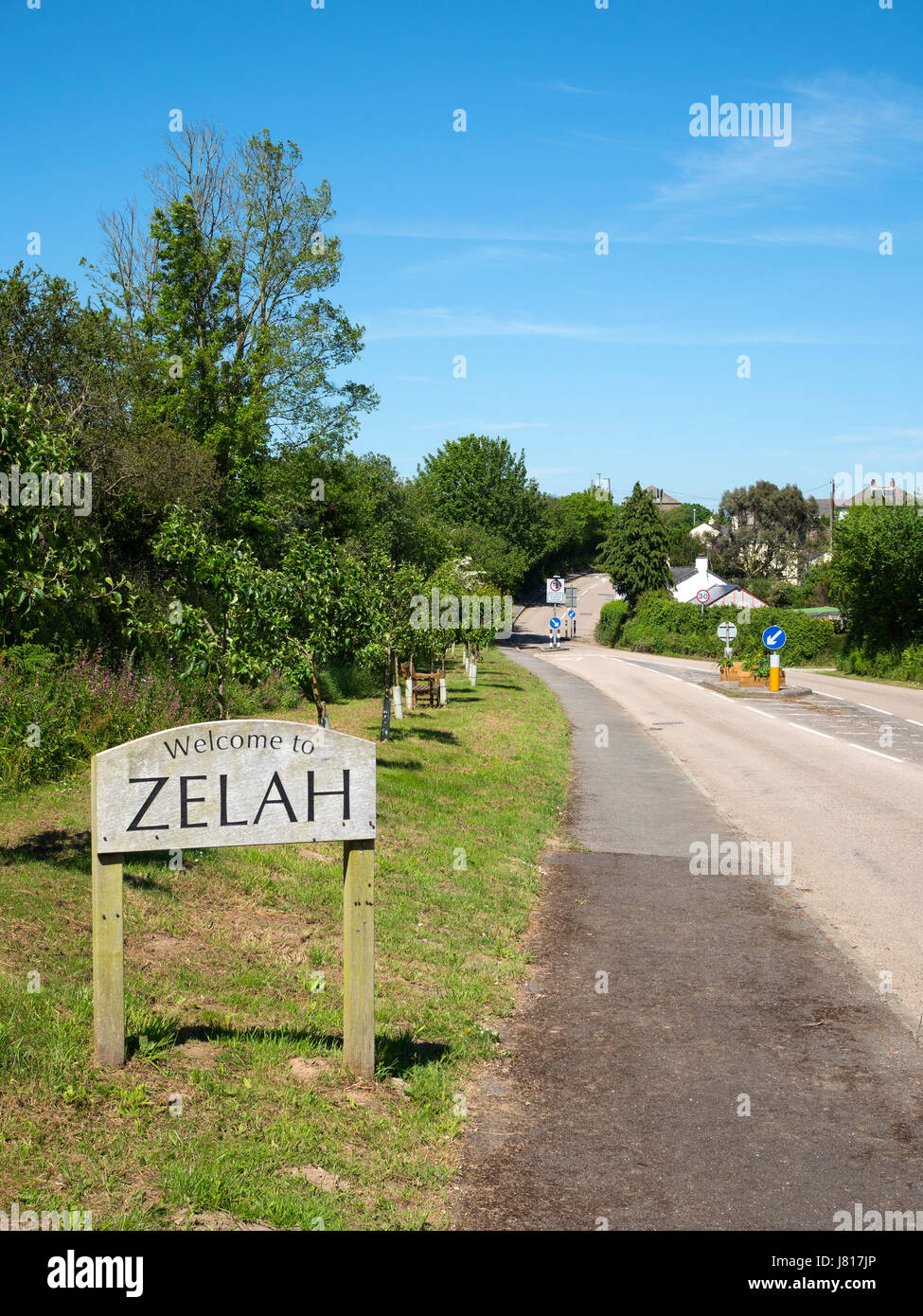 Willkommen Sie bei Zelah Zeichen in das Dorf in Cornwall, England UK. Stockfoto
