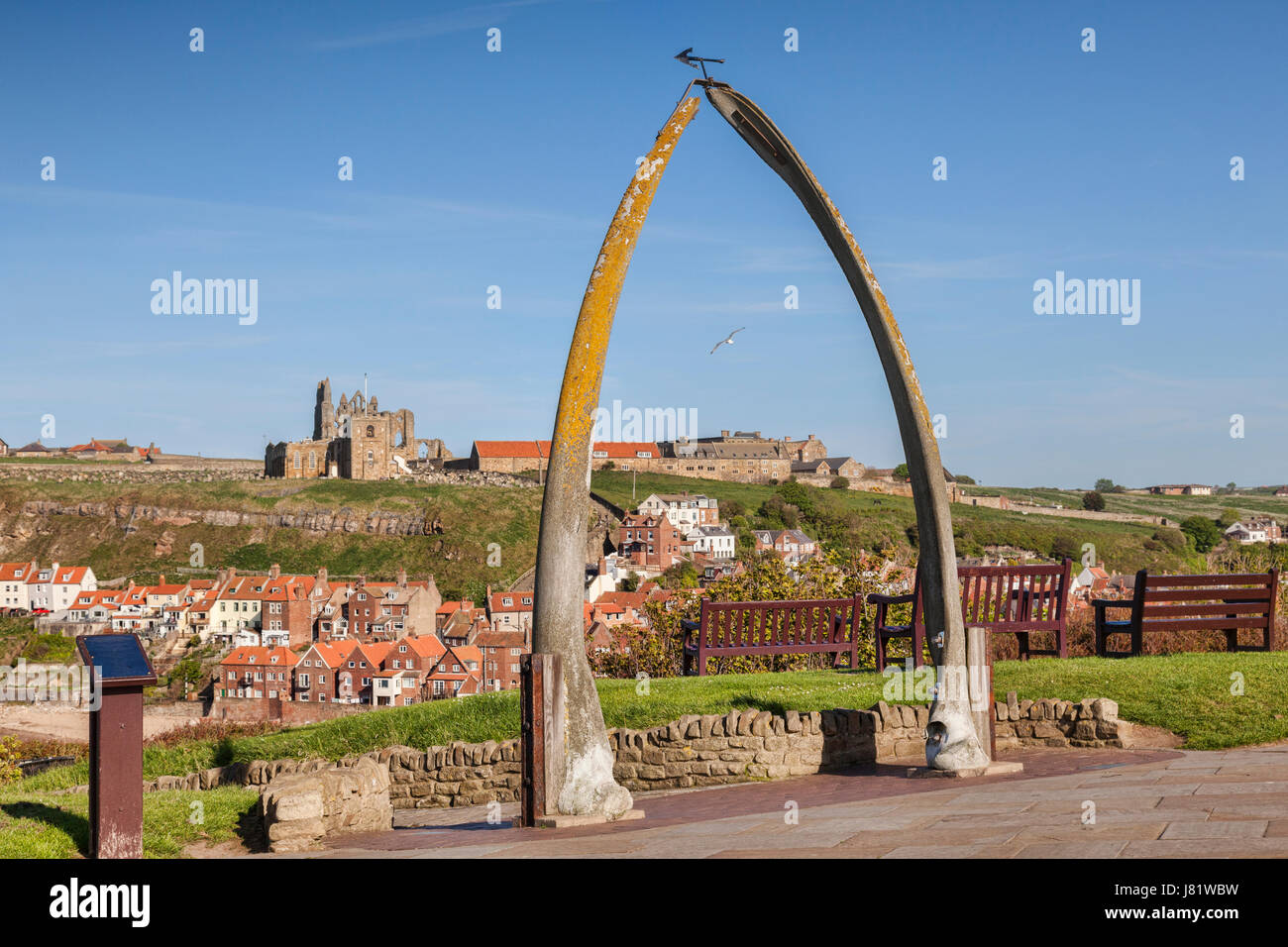 Fischbein Arch, Whitby, North Yorkshire, England, Vereinigtes Königreich. Die Knochen sind von einem Grönlandwal, und wurden von Whitby aus den Partnerstädten, Barr erworben Stockfoto