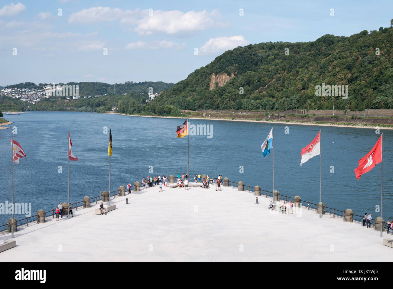 Deutsches Eck (Deutsches Eck) in Koblenz / Deutschland, Landzunge, wo die Mosel den Rhein verbindet. Stockfoto