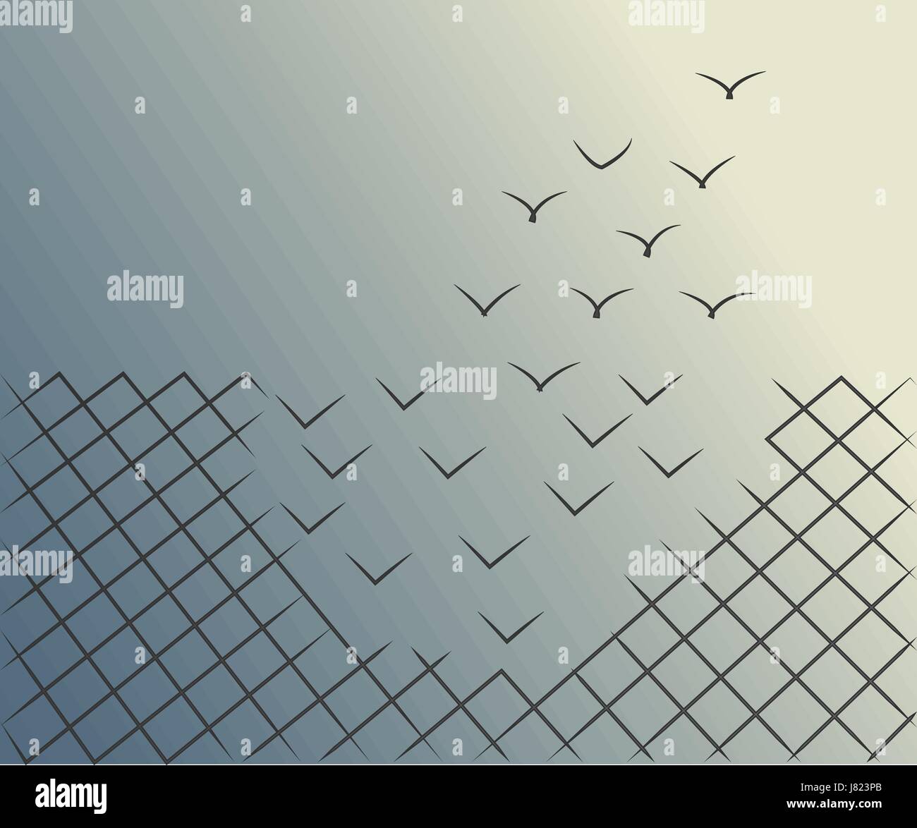 Vektor-Illustrationen eines Drahtes mesh-Zaun in Vögel wegfliegen zu verwandeln. Freiheit, Mut und Erfolg Konzept. Stock Vektor