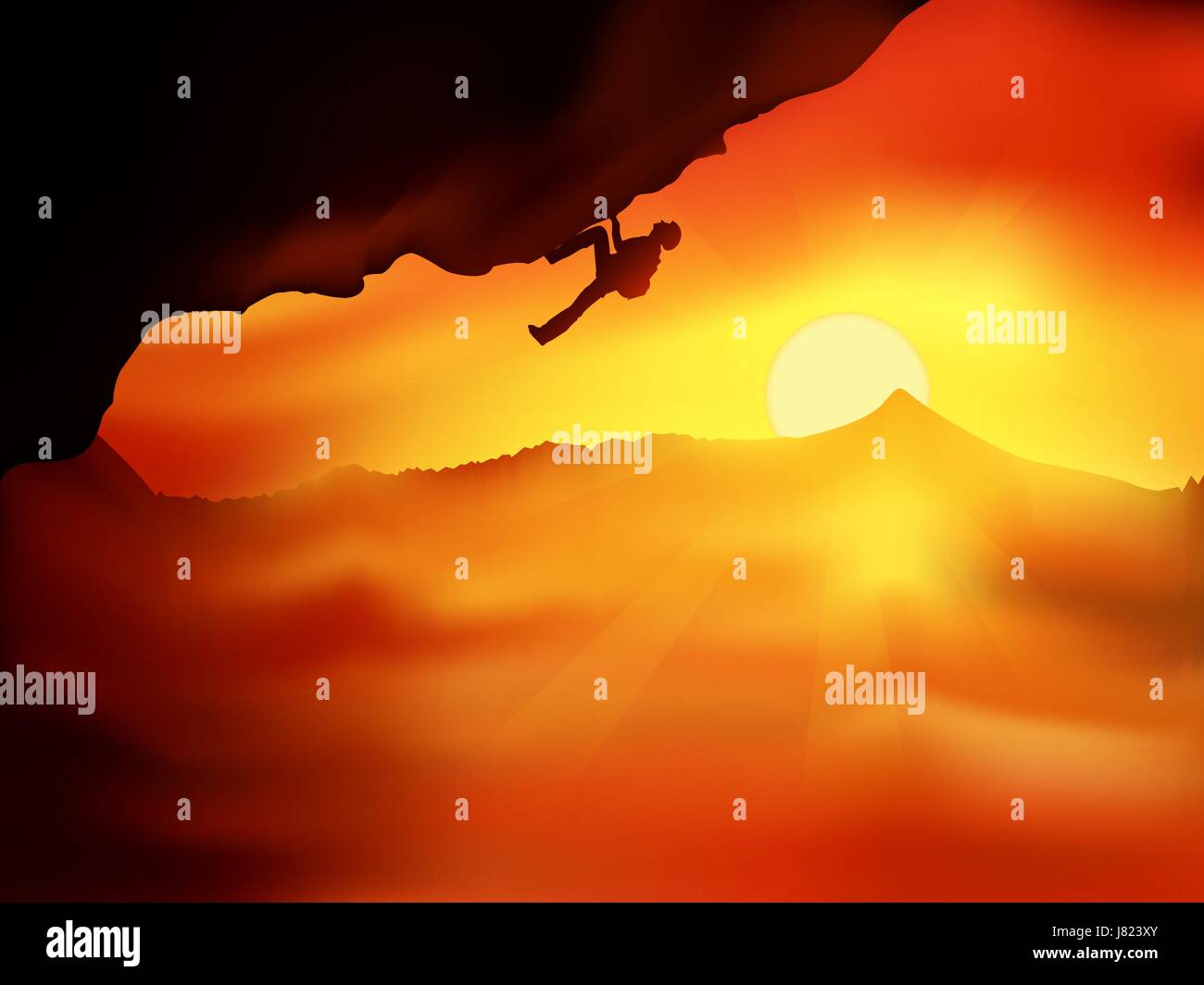 Silhouette der Kletterer ohne Versicherung hinauf auf einer Klippe gegen orange Sonnenuntergang über den Wolken. Vektor-Illustration, Konzept der Bewegung m Stock Vektor