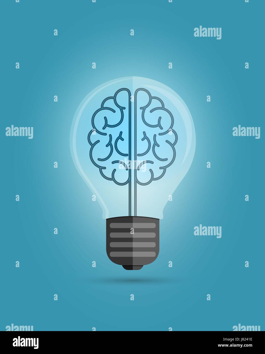 Glühbirne mit einem Gehirn, Ideen, kreatives Denken Konzept zu schaffen. Vektor-Illustration auf blauem Hintergrund. Stock Vektor