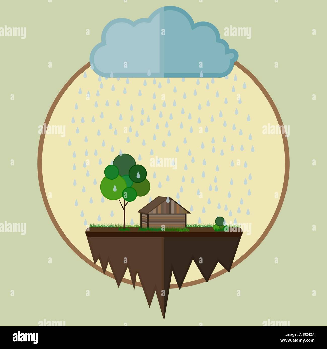 Fliegende Insel mit einem Haus und Baum als Bauernhof Oase unter einer Wolke mit fallenden Regen fällt. Vektor-Illustration, ökologische Konzept. Stock Vektor