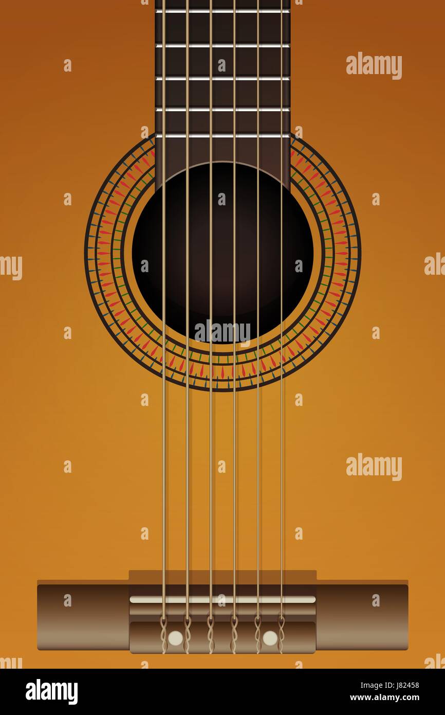 Vektor-Illustration einer klassischen, akustischen Gitarre hautnah. Beliebtes Musikinstrument. Stock Vektor