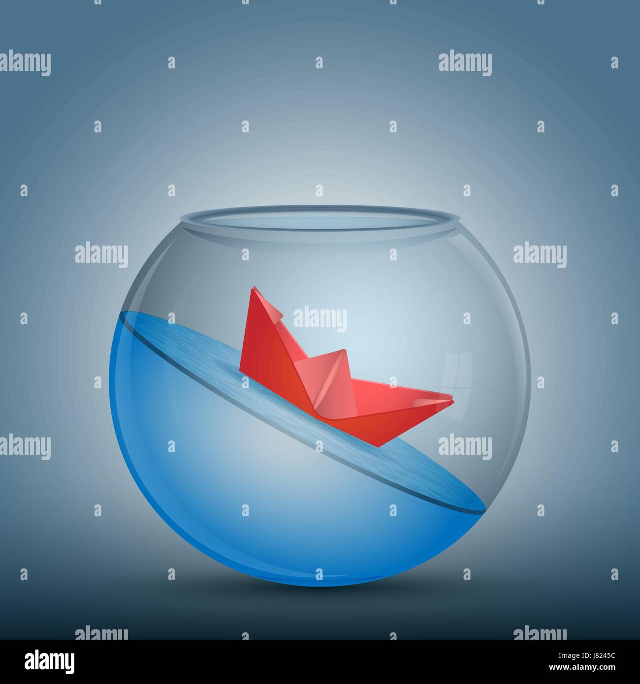 Abstrakte Idee als Gleitkommazahl rotes Papier Origami Boot in eine Glasschüssel mit Wasser. Umgeben von den Fisch Tank Einschränkung, nirgendwo zu gehen. Konzeptionelle Vektor Stock Vektor