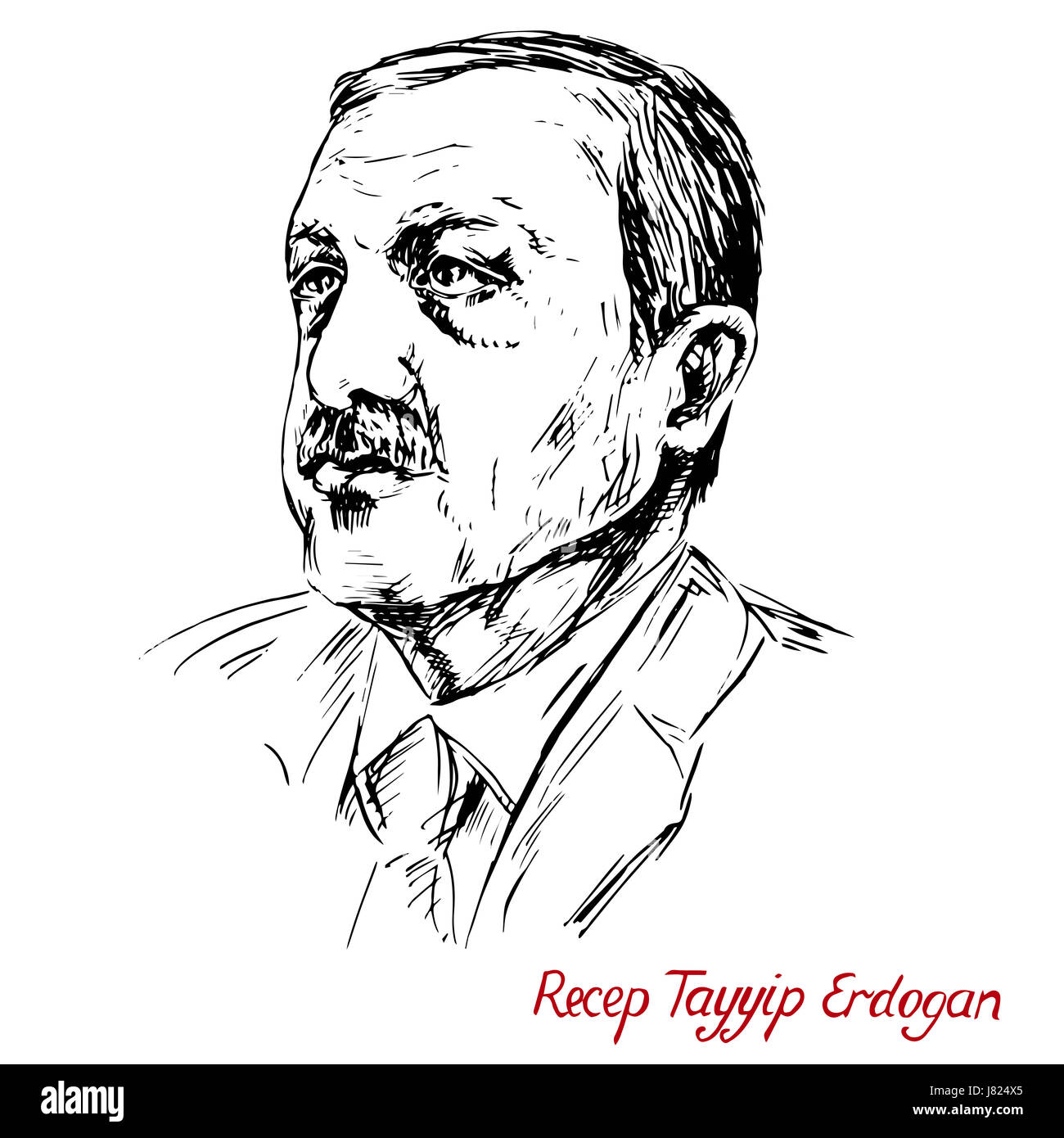 Recep Tayyip Erdogan, Präsident der Türkei seit 2014, Premierminister (2003-2014), Justiz und Entwicklungspartei (AKP), hand gezeichnete 2D-Illustration Stockfoto