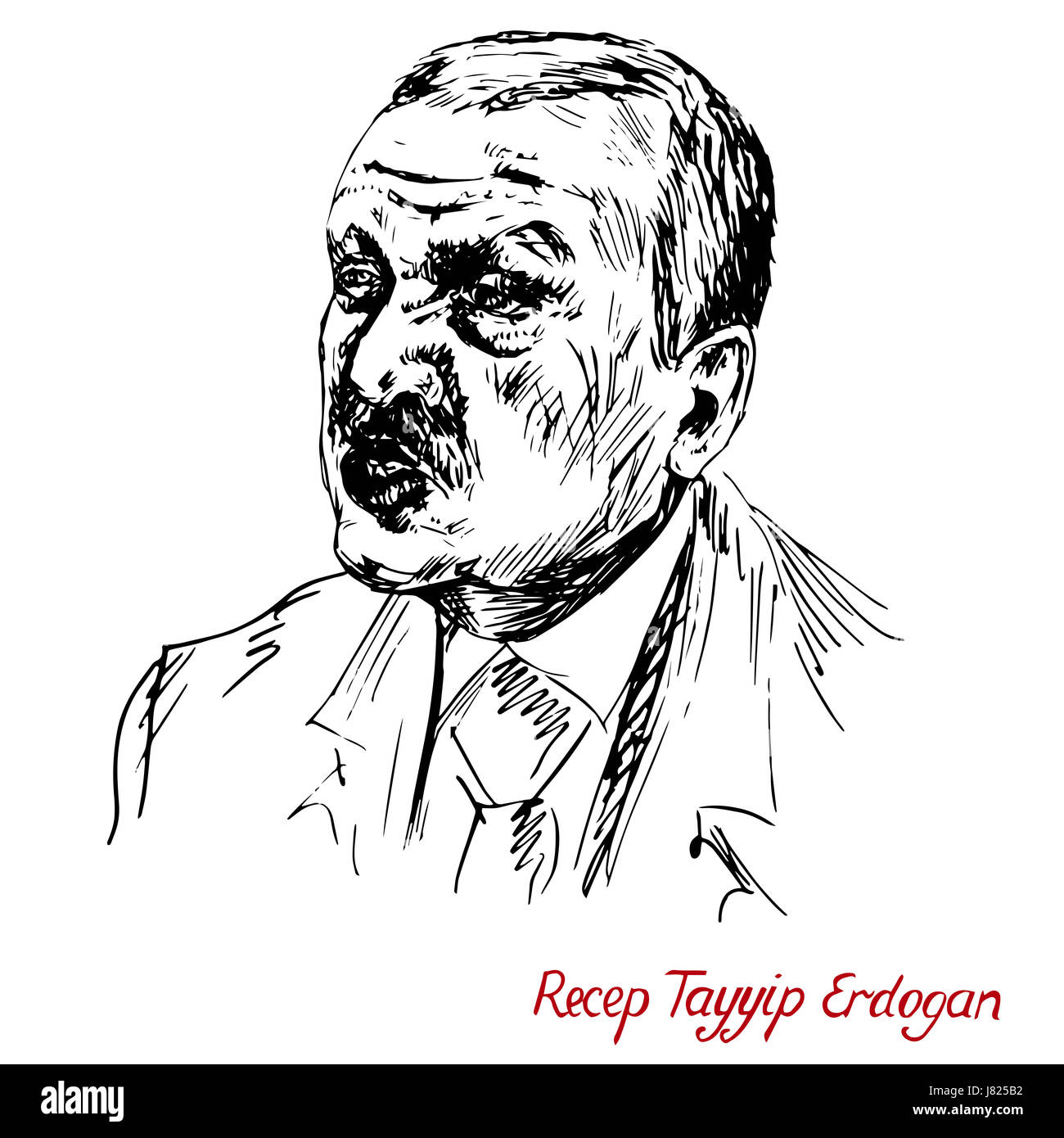 Recep Tayyip Erdogan, Präsident der Türkei seit 2014, Premierminister (2003-2014), Justiz und Entwicklungspartei (AKP), hand gezeichnete 2D-Illustration Stockfoto
