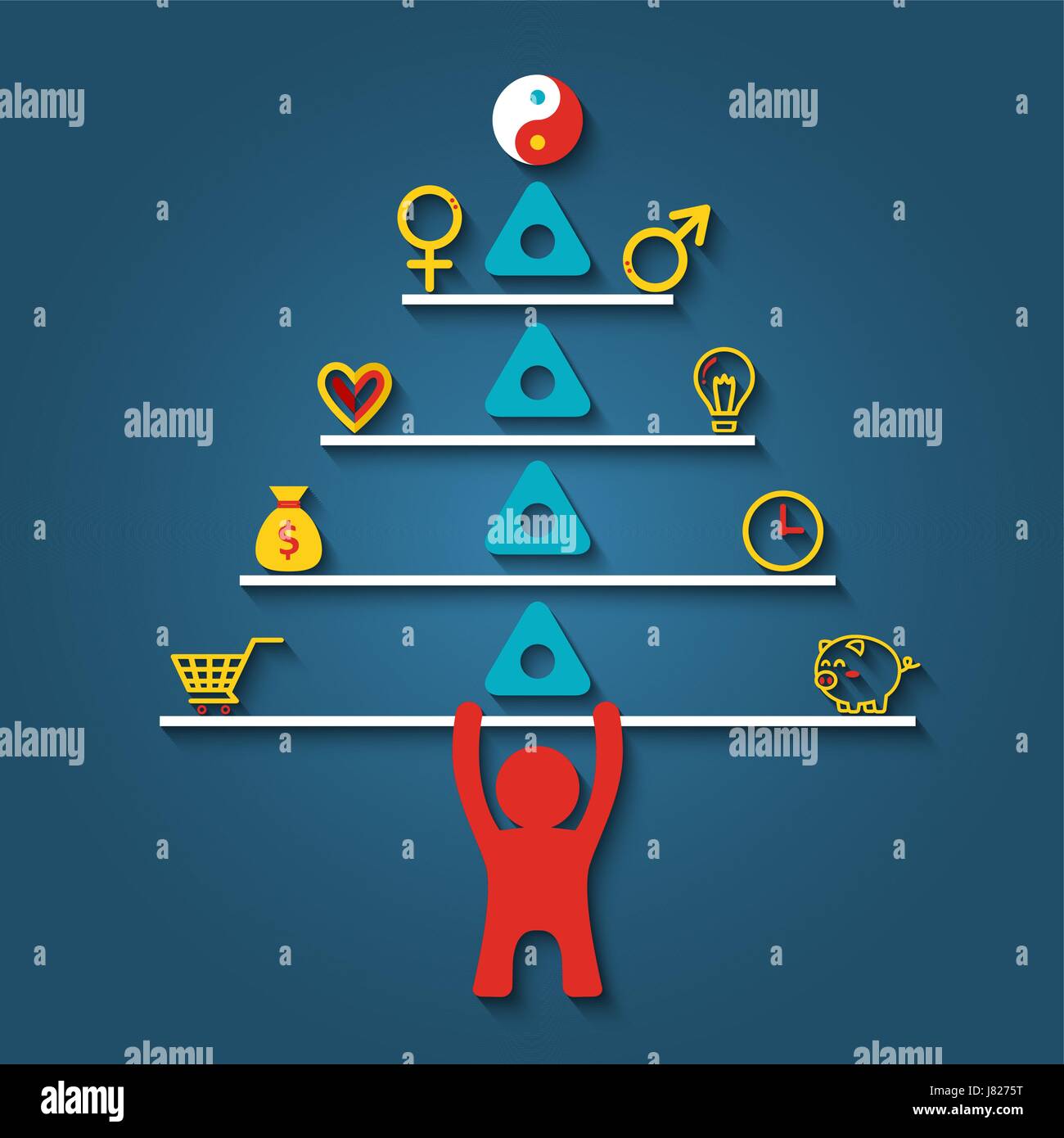 Mann, die Stapel von Vektor-Elemente für Life-Balance-Konzept im flachen Stil heben. Stock Vektor