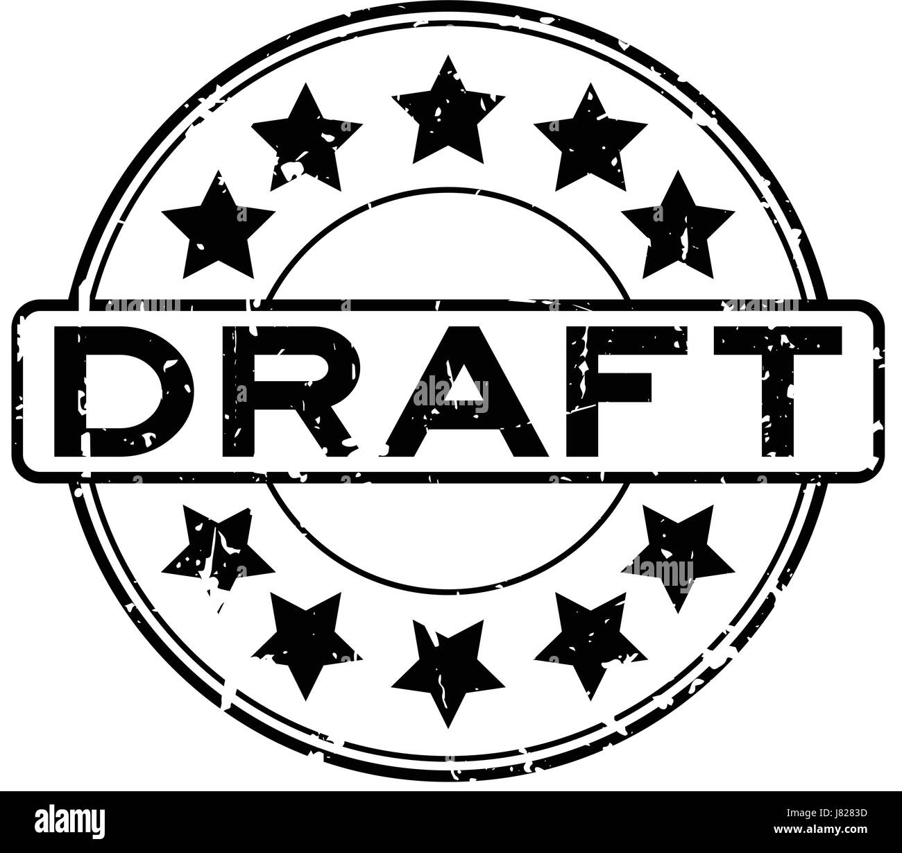 Grunge schwarz Entwurf mit Sternsymbol Runde Siegelstempel auf weißem Hintergrund Stock Vektor