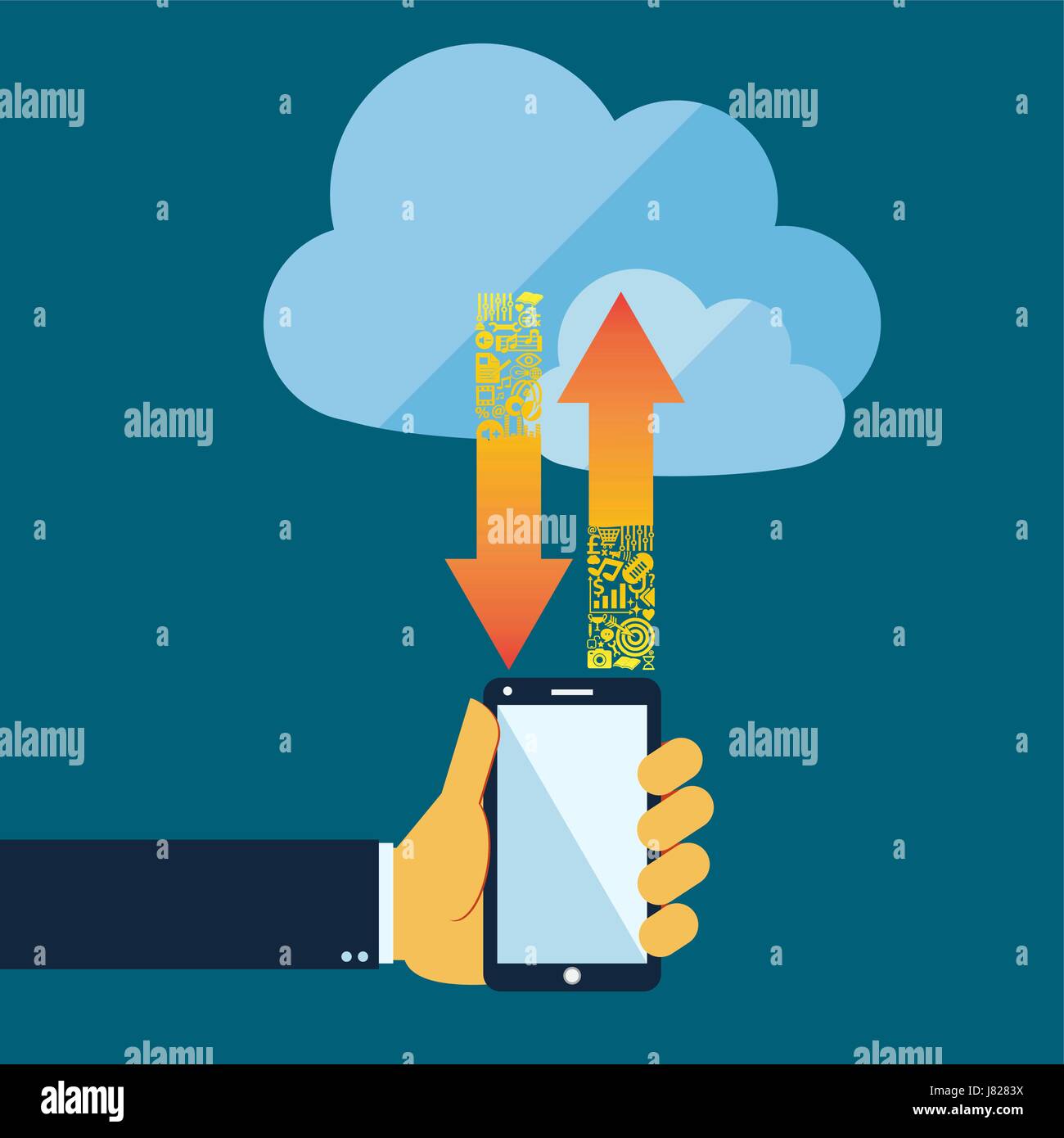 Flache Cloud computing und Kommunikation Technologie-Konzept mit Handy Stock Vektor