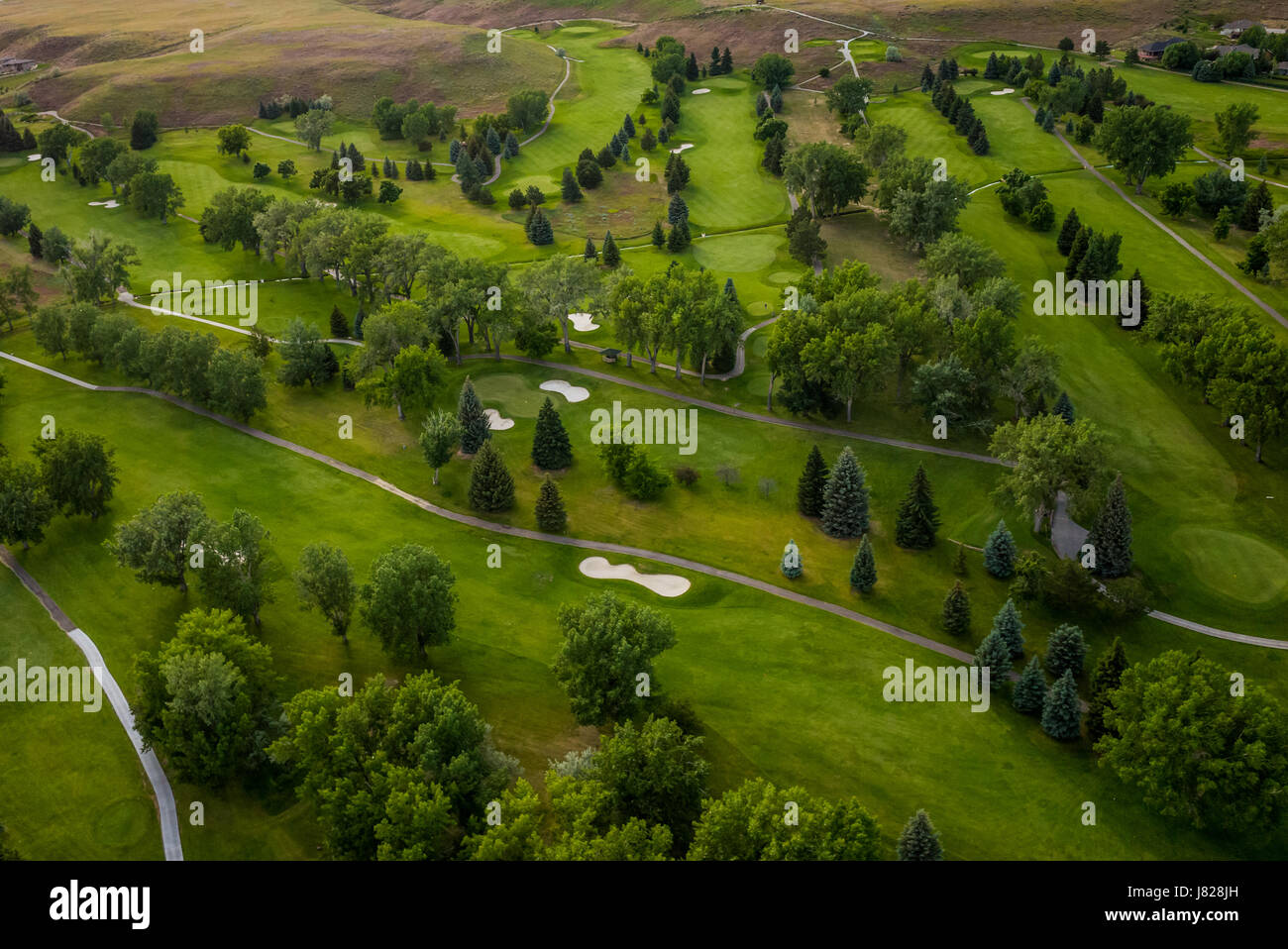 Luftaufnahme von einem schönen grünen Golfplatz. Stockfoto