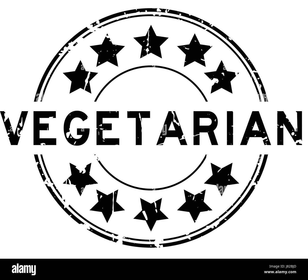 Grunge schwarz vegetarisch mit Sternsymbol Runde Siegelstempel auf weißem Hintergrund Stock Vektor