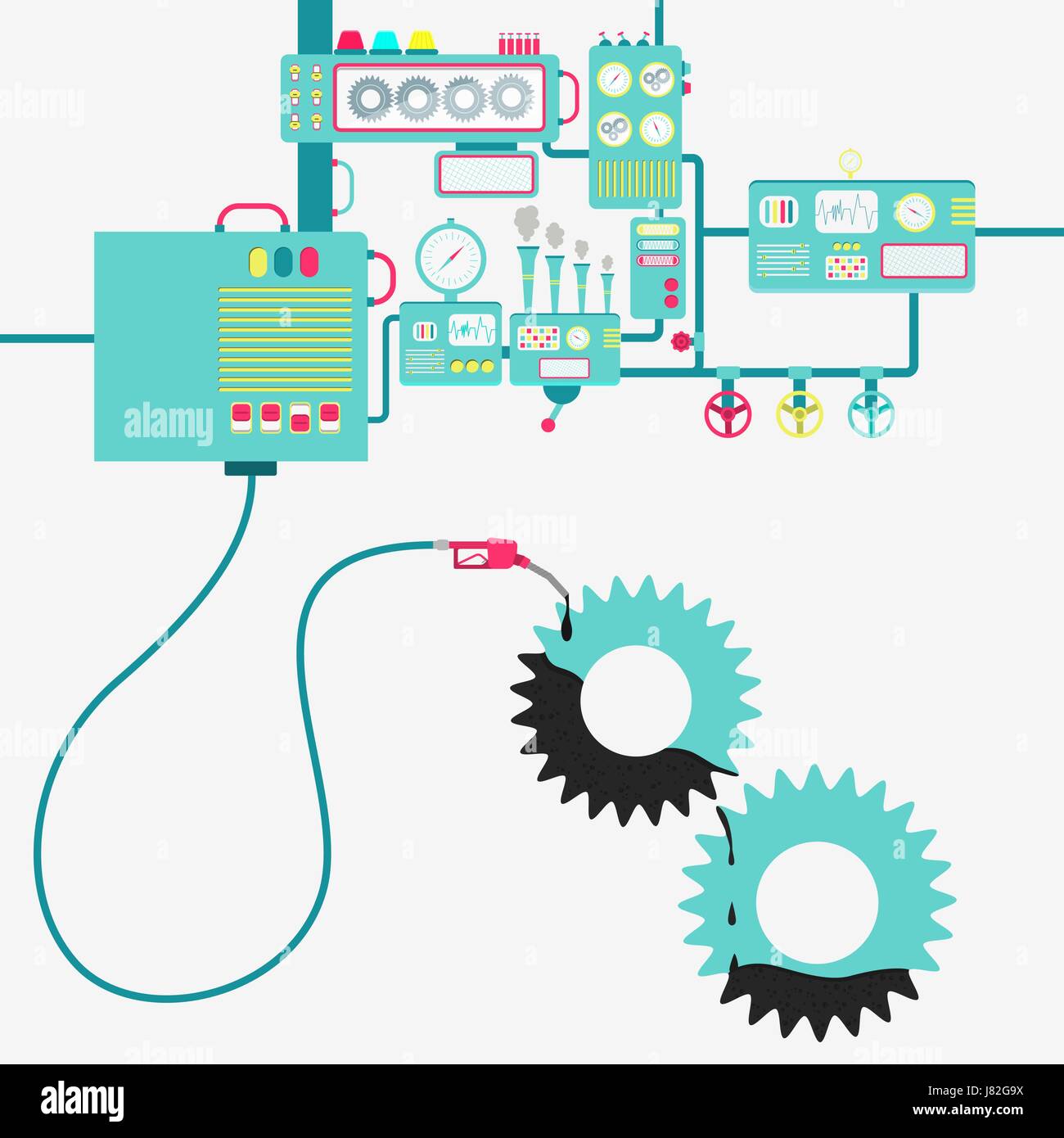 Maschinen der Fabrik Öl verfeinern und Betankung ein Zahnrad. Gang durch ein Öl mit Zapfsäule gefüllt wird. Stock Vektor