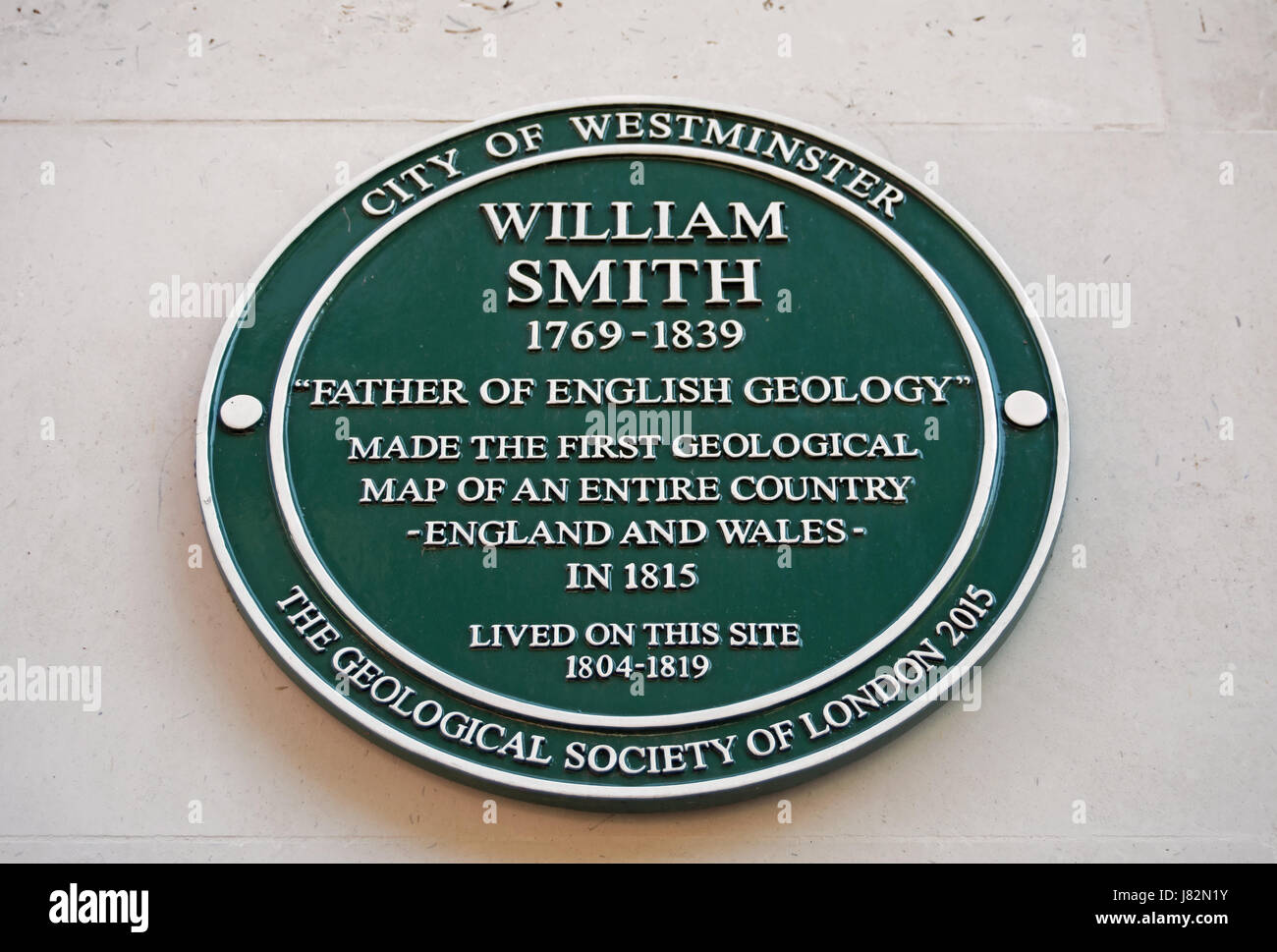 Stadt von Westminster grüne Plakette markiert den Standort eines Hauses von zukunftsweisenden Geologe William Smith, Buckingham Street, London, England Stockfoto