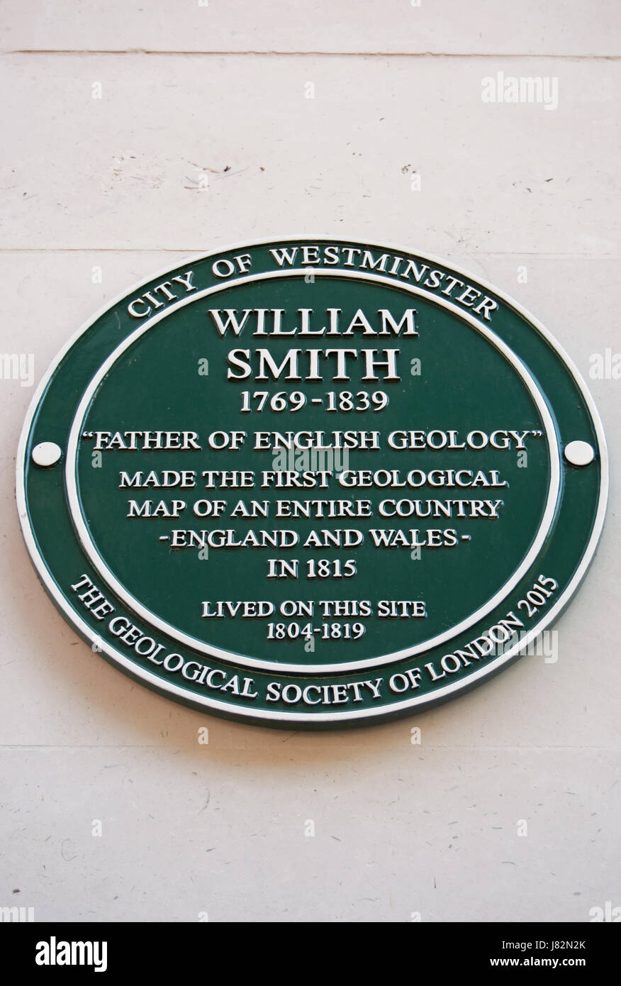 Stadt von Westminster grüne Plakette markiert den Standort eines Hauses von zukunftsweisenden Geologe William Smith, Buckingham Street, London, England Stockfoto
