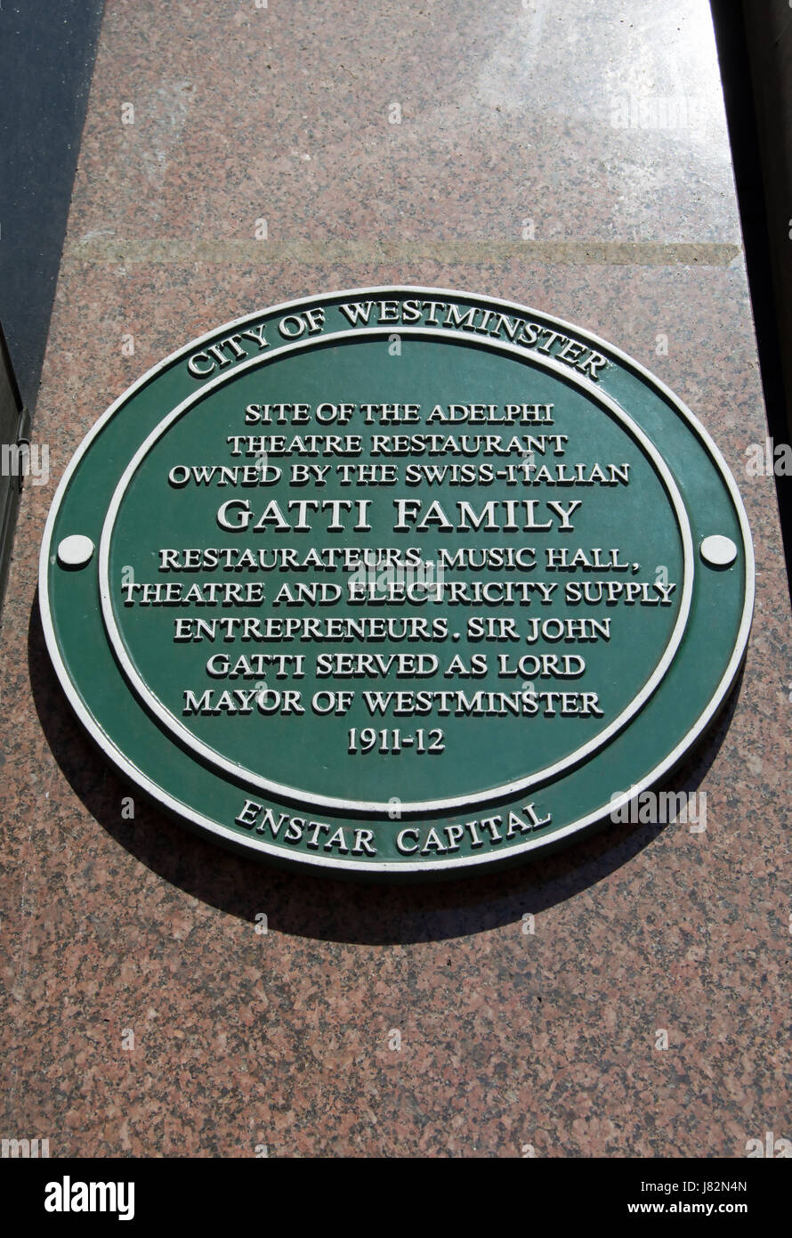 Stadt von Westminster grüne Plakette Kennzeichnung der Website von Adelphi Theater-Restaurant im Besitz der schweizerisch-italienischen Gatti Familie, Strand, London, england Stockfoto