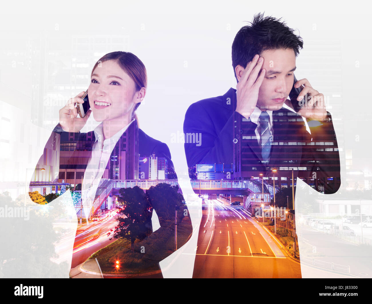 Doppelbelichtung besorgt Geschäftsmann und glücklich Geschäftsfrau Gespräch am Smartphone mit einem Stadt-Hintergrund Stockfoto