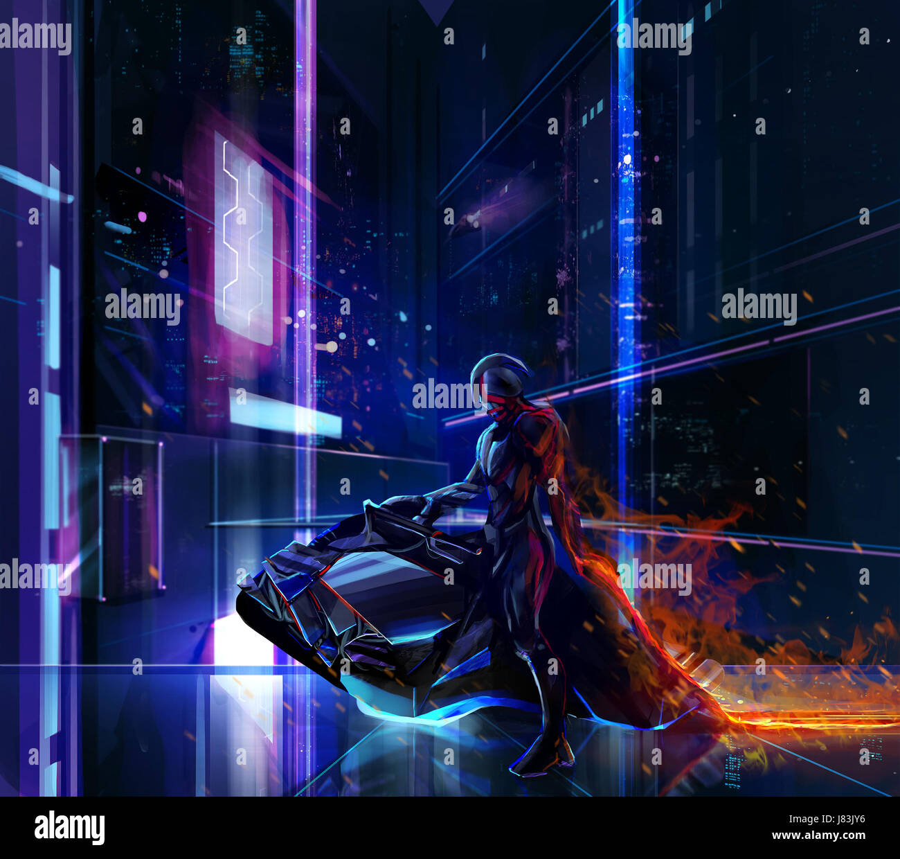 Sci-fi neon Krieger auf dem Fahrrad. Sci-fi neon Krieger auf futuristischen Motorrad mit Metal Armor, stehend auf einem futuristischen Hintergrund. Stockfoto